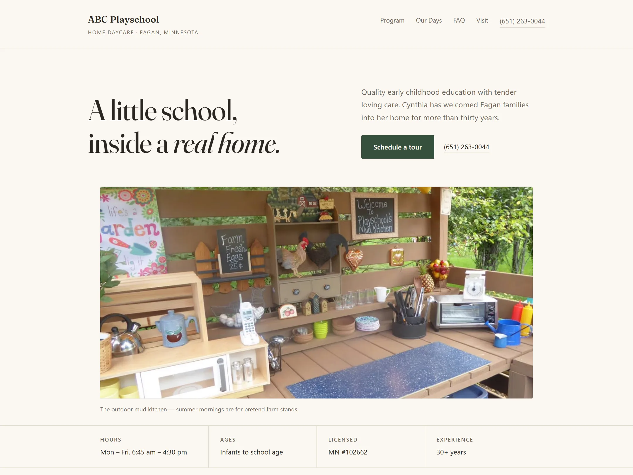 The ABC Playschool website showing the home classroom and enrollment details