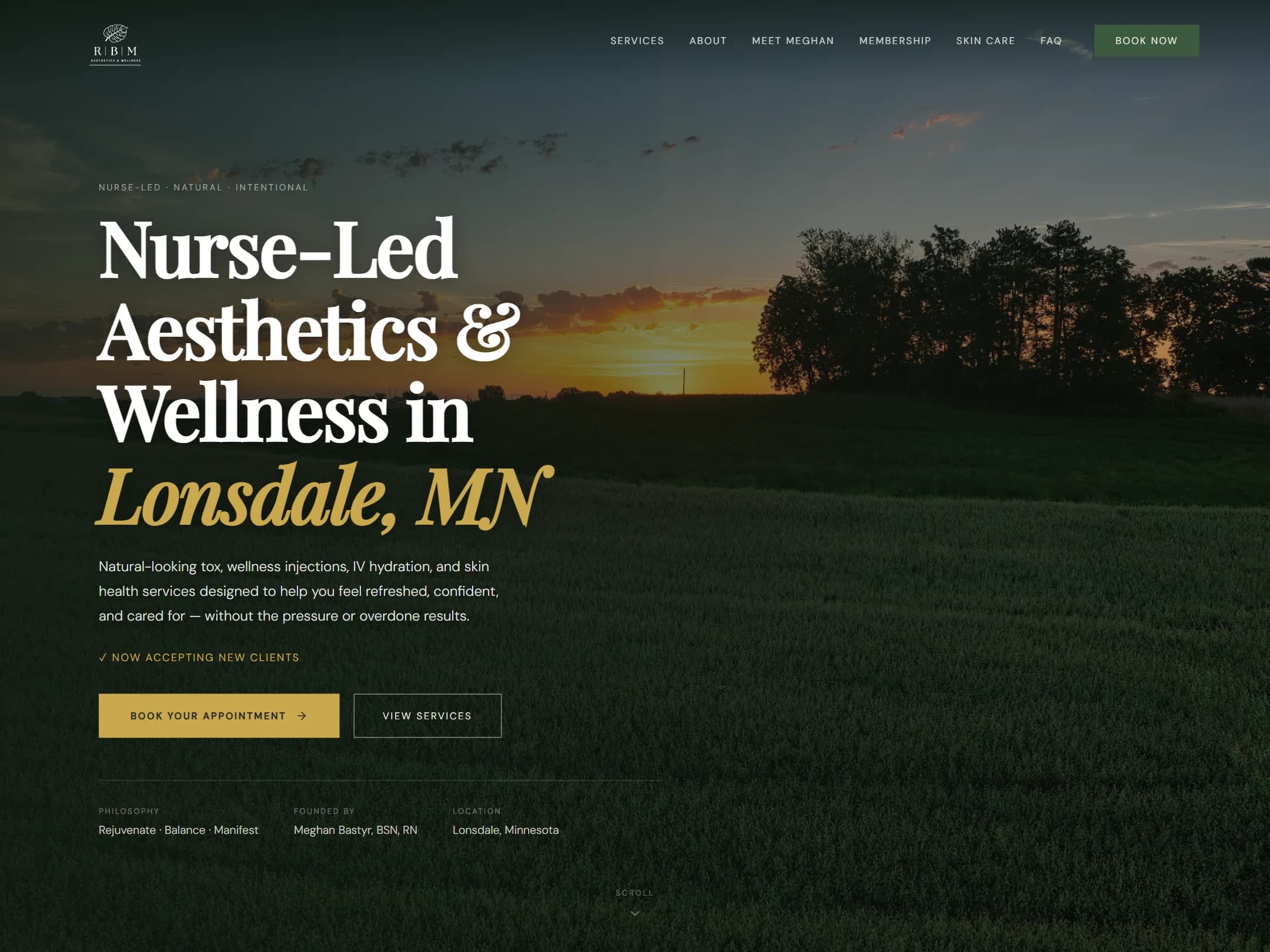 The RBM Aesthetics home page: a nurse-led med spa site with treatment pages and a booking path